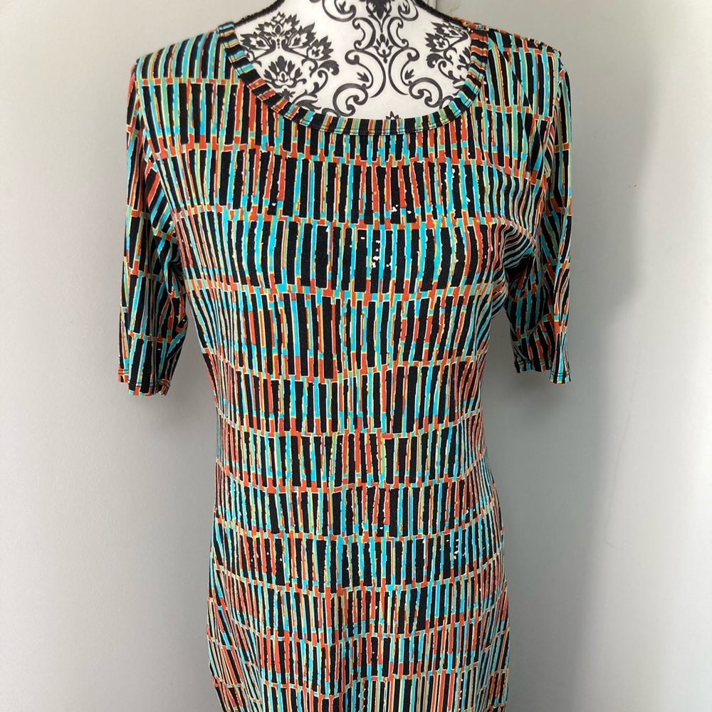 LulaRoe Julia Dress, size L, used, black with rust and turquoise.